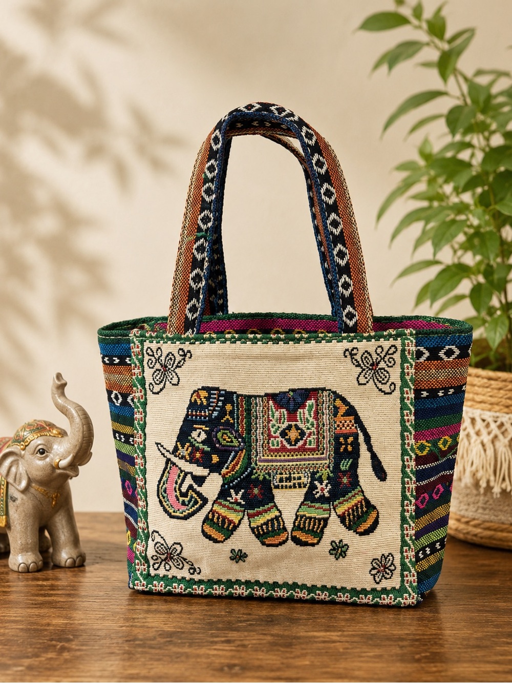 Thai Elephant Woven Tote Bag Multicolor Tapestry Boho Handbag